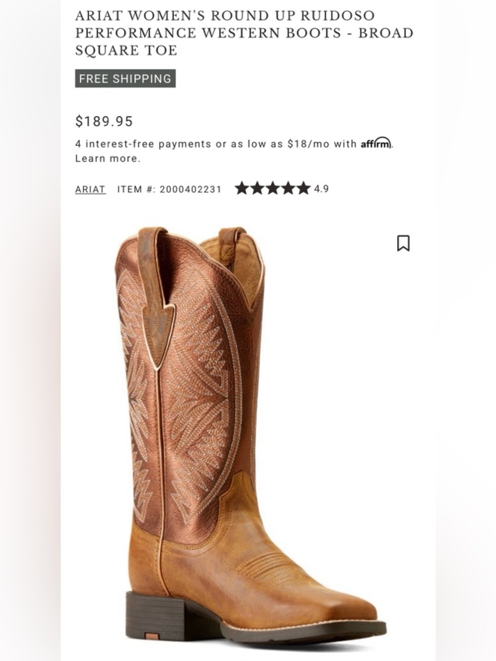 Ariat Women’s Round Up Ruidoso Boot - Picture 2 of 5